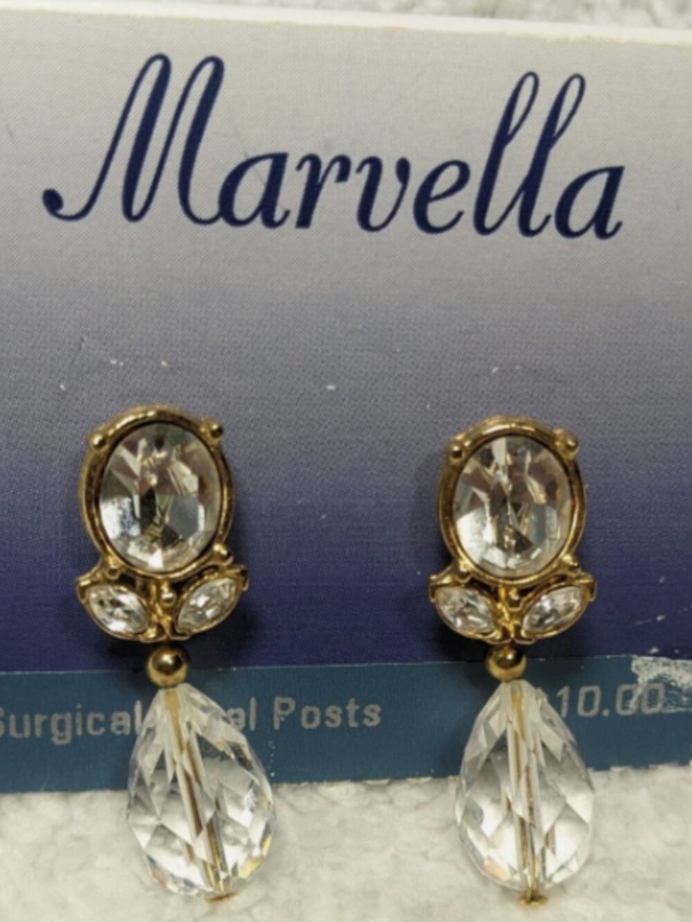 VTG Marvella Pierced Earrings Gold Tone Dangle Rhinestones On Card Quiet Luxury